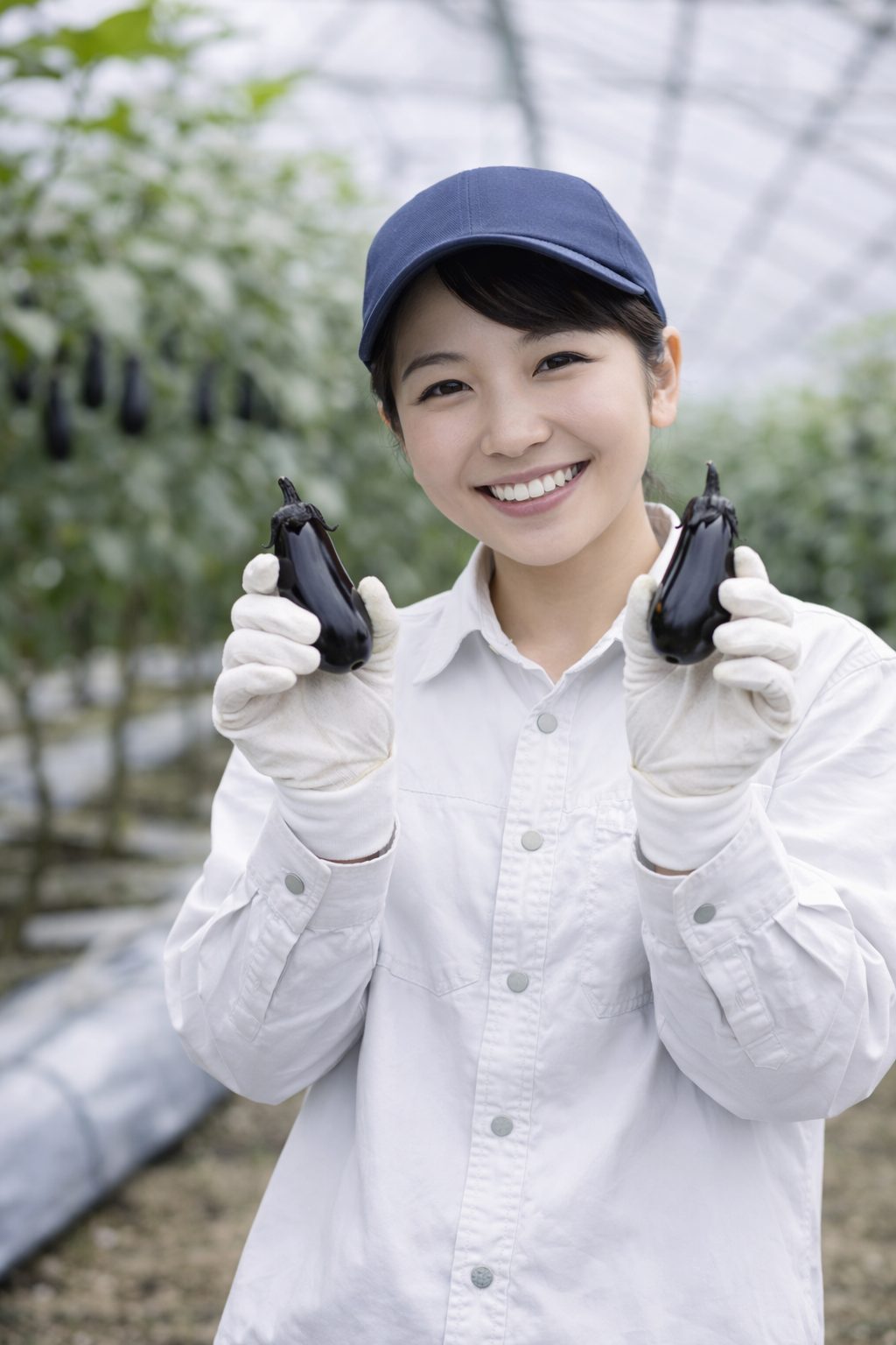 ハウス内で収穫したナスを持つスタッフ